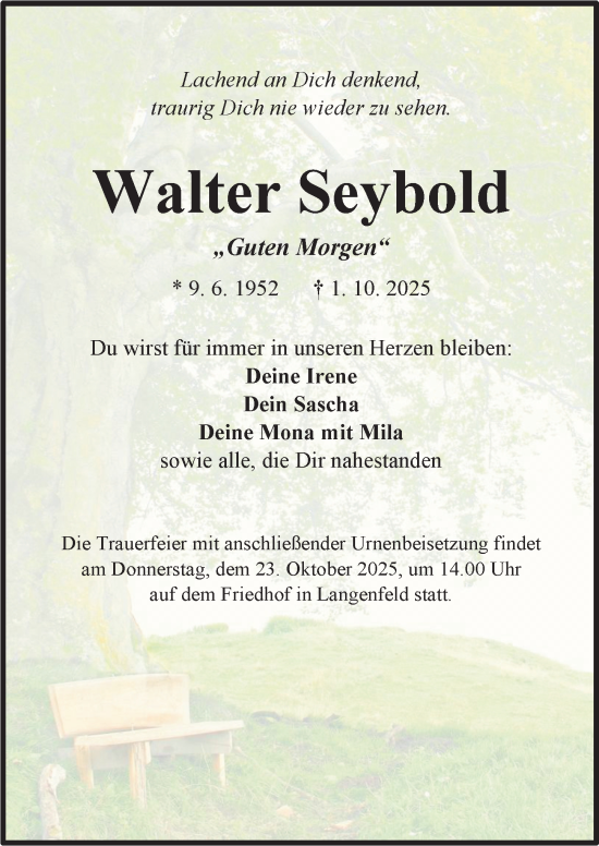 Traueranzeige von Walter Seybold von Neustadt/ Scheinfeld/ Uffenheim