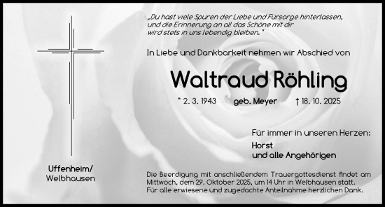 Traueranzeige von Waltraud Röhling von Neustadt/ Scheinfeld/ Uffenheim