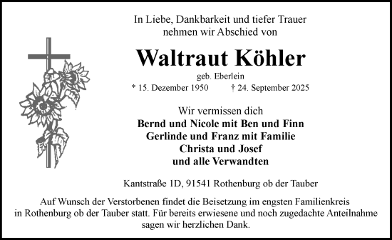 Traueranzeige von Waltraut Köhler von Rothenburg