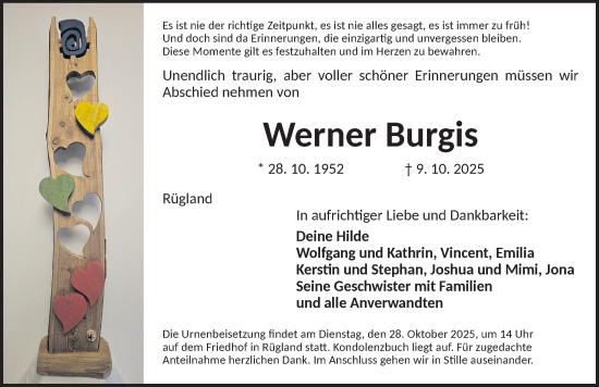 Traueranzeige von Werner Burgis von Ansbach