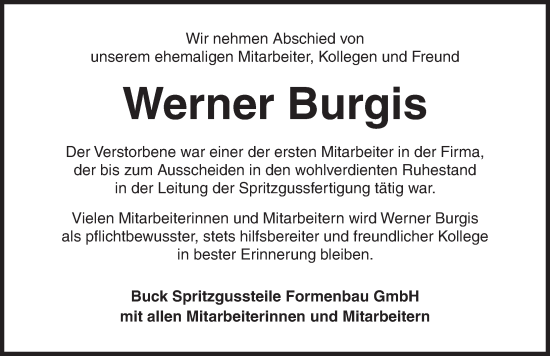 Traueranzeige von Werner Burgis von Ansbach