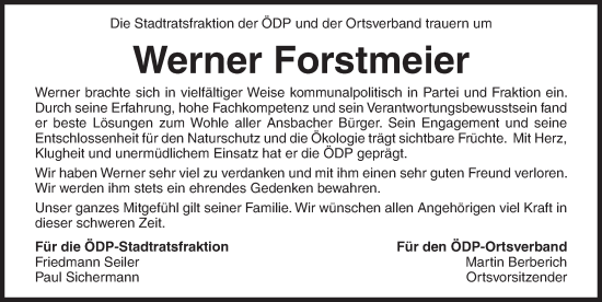Traueranzeige von Werner Forstmeier von Ansbach