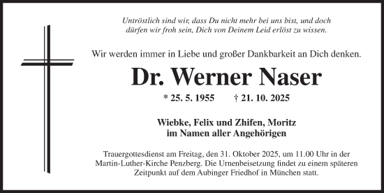 Traueranzeige von Werner Naser von Rothenburg