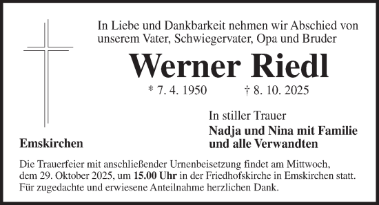 Traueranzeige von Werner Riedl von Neustadt/ Scheinfeld/ Uffenheim