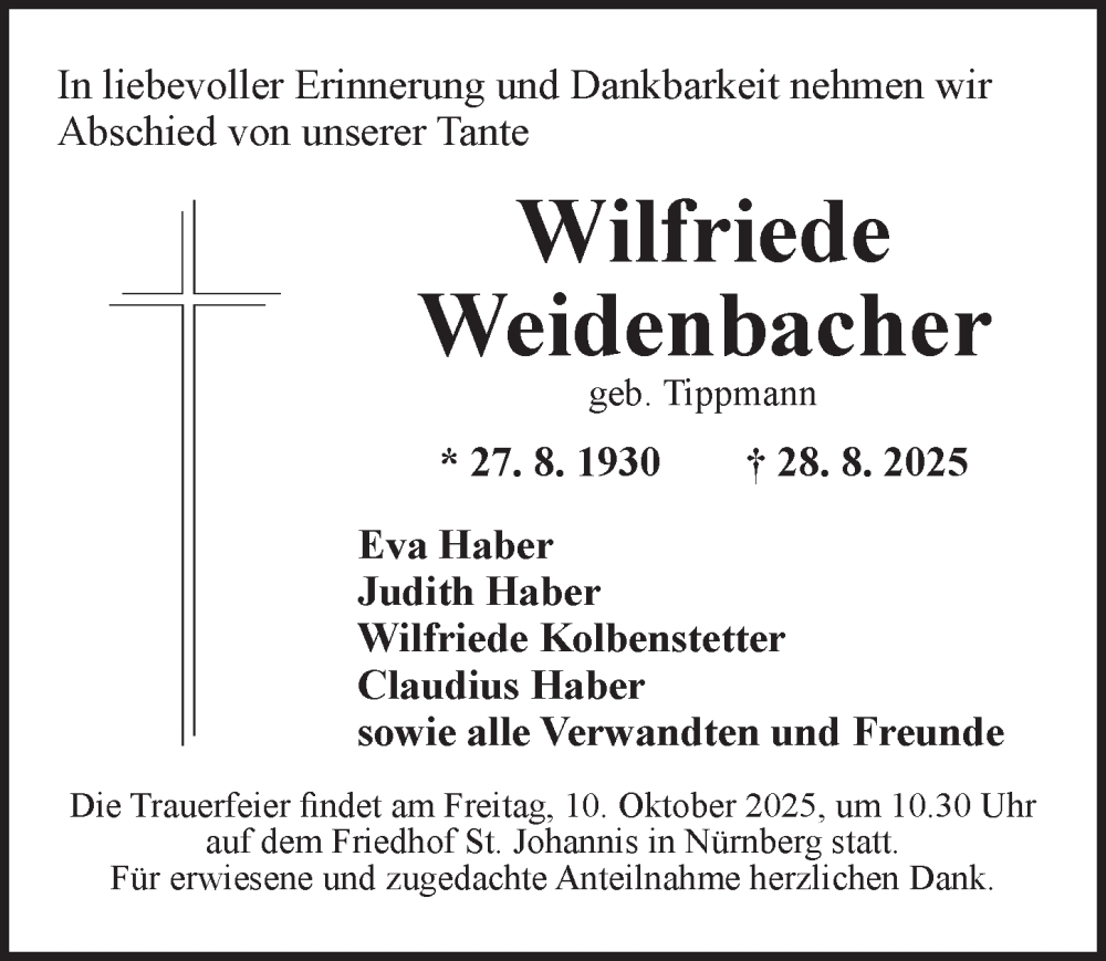  Traueranzeige für Wilfriede Weidenbacher vom 04.10.2025 aus Neustadt/ Scheinfeld/ Uffenheim