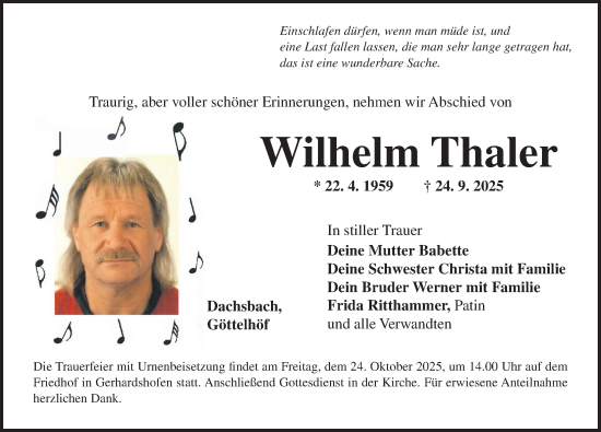 Traueranzeige von Wilhelm Thaler von Neustadt/ Scheinfeld/ Uffenheim