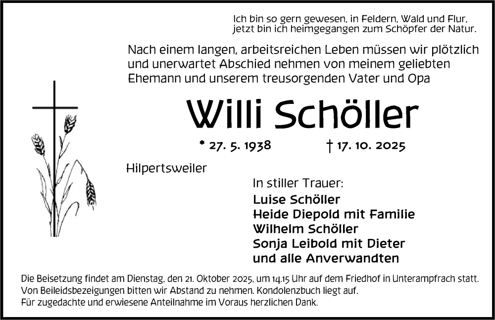  Traueranzeige für Willi Schöller vom 20.10.2025 aus Dinkelsbühl/ Feuchtwangen