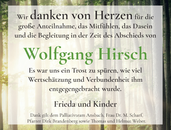 Traueranzeige von Wolfgang Hirsch von Neustadt/ Scheinfeld/ Uffenheim