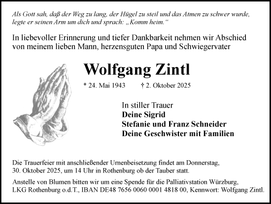 Traueranzeige von Wolfgang Zintl von Rothenburg