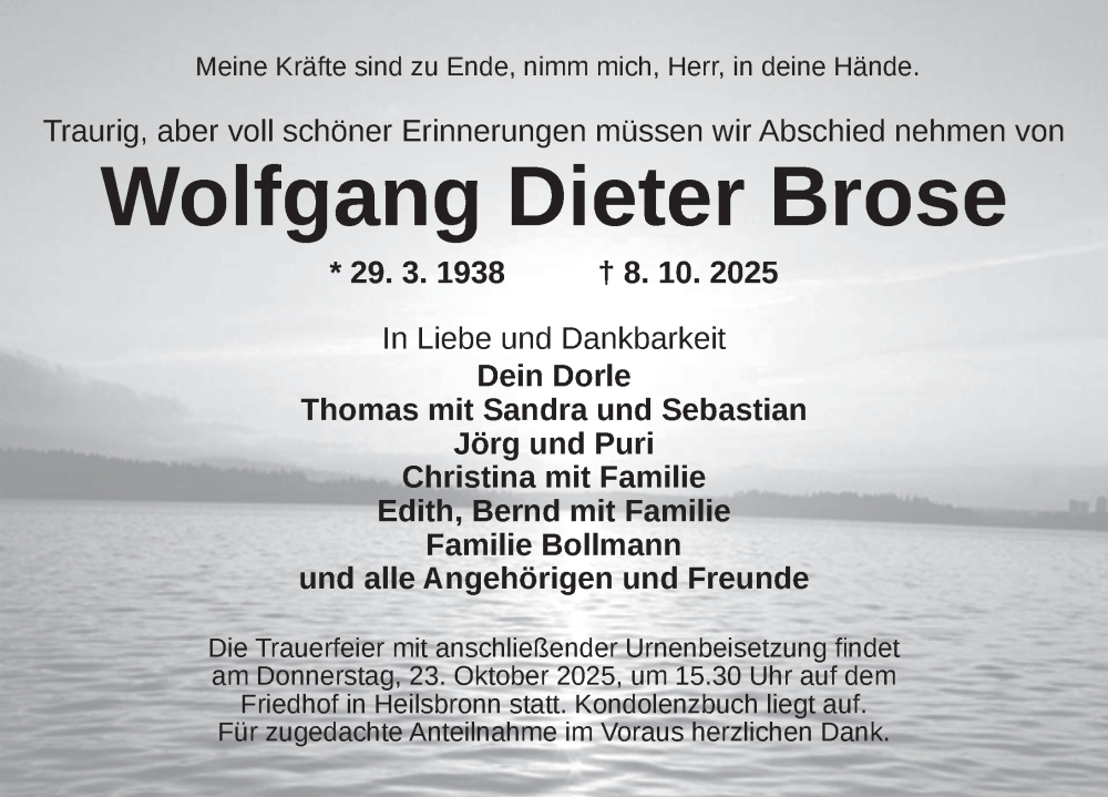  Traueranzeige für Wolfgang Dieter Brose vom 18.10.2025 aus Ansbach