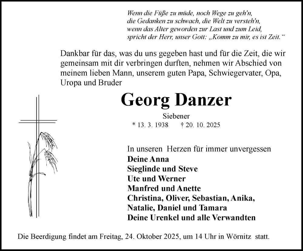  Traueranzeige für Georg Danzer vom 23.10.2025 aus Rothenburg