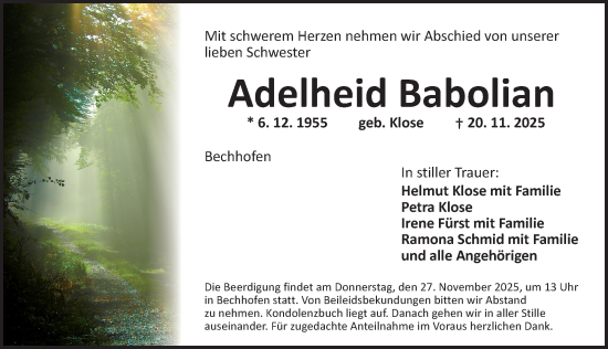 Traueranzeige von Adelheid Babolian von Dinkelsbühl/ Feuchtwangen