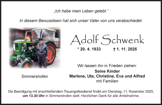 Traueranzeige von Adolf Schwenk von Neustadt/ Scheinfeld/ Uffenheim