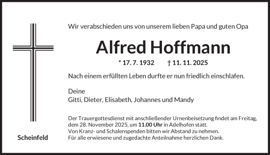 Traueranzeige von Alfred Hoffmann von Neustadt/ Scheinfeld/ Uffenheim