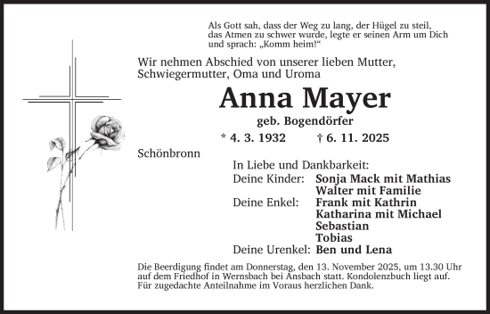 Traueranzeige von Anna Mayer von Ansbach