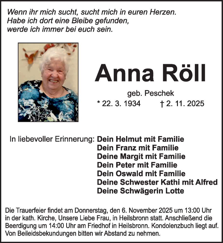  Traueranzeige für Anna Röll vom 04.11.2025 aus Ansbach