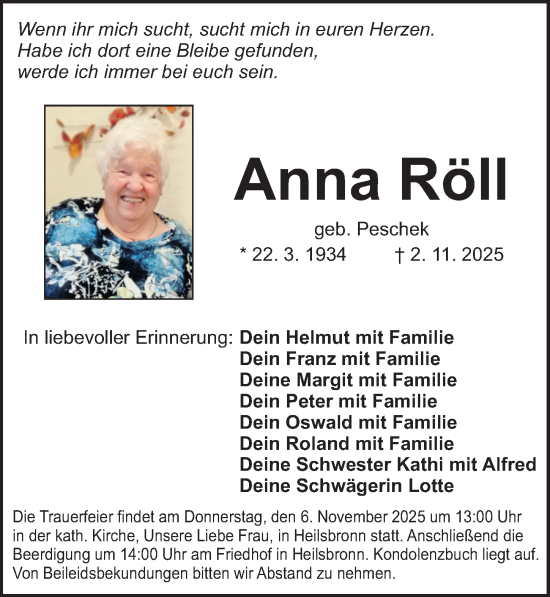 Traueranzeige von Anna Röll von Ansbach