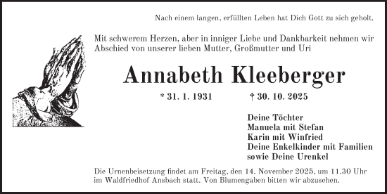 Traueranzeige von Annabeth Kleeberger von Ansbach