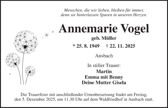 Traueranzeige von Annemarie Vogel von Ansbach