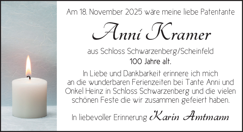  Traueranzeige für Anni Kramer vom 18.11.2025 aus Neustadt/ Scheinfeld/ Uffenheim