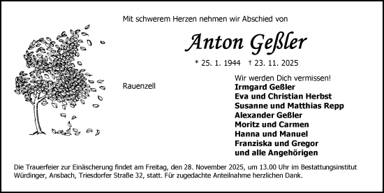 Traueranzeige von Anton Geßler von Ansbach