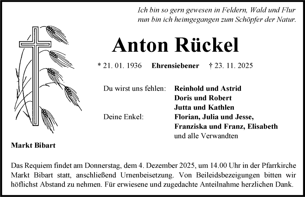  Traueranzeige für Anton Rückel vom 29.11.2025 aus Neustadt/ Scheinfeld/ Uffenheim