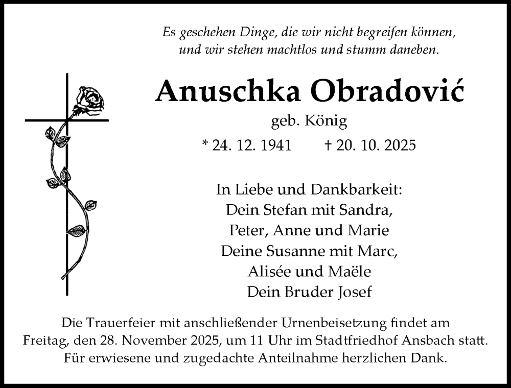  Traueranzeige für Anuschka Obradovic vom 22.11.2025 aus Ansbach