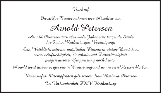 Traueranzeige von Arnold Petersen von Rothenburg