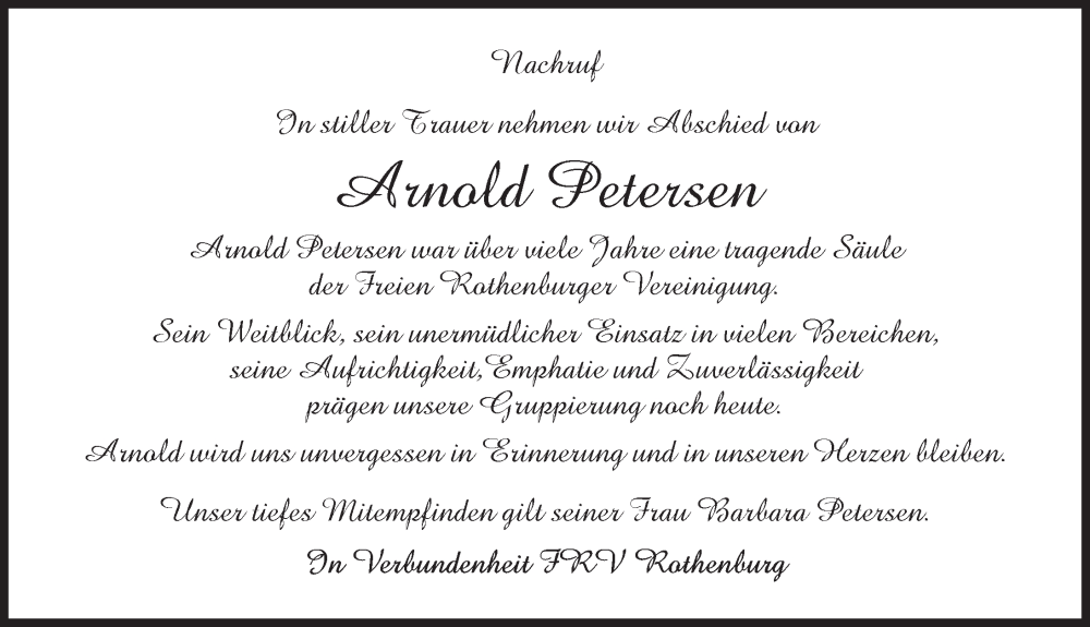  Traueranzeige für Arnold Petersen vom 04.11.2025 aus Rothenburg