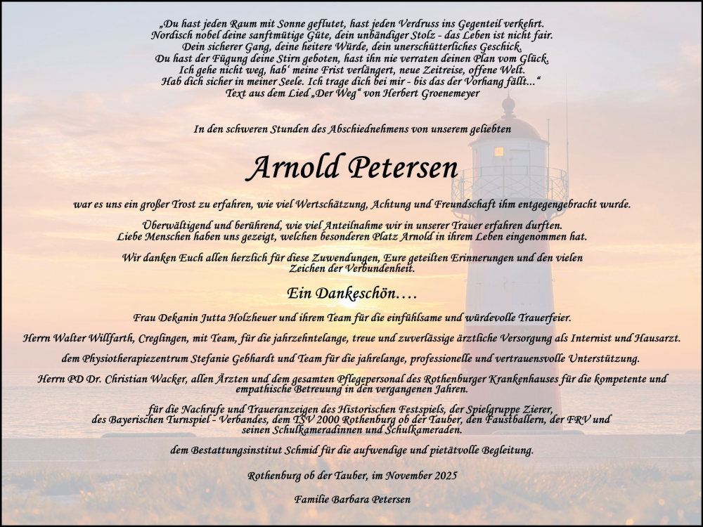  Traueranzeige für Arnold Petersen vom 15.11.2025 aus Rothenburg