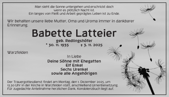 Traueranzeige von Babette Latteier von Ansbach