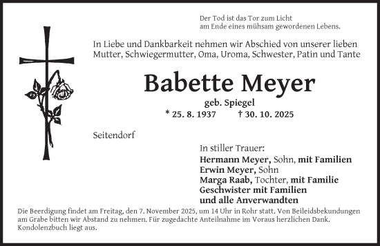 Traueranzeige von Babette Meyer von Ansbach
