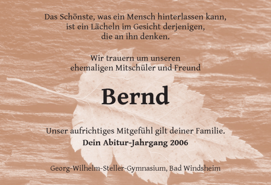 Traueranzeige von Bernd  von Neustadt/ Scheinfeld/ Uffenheim