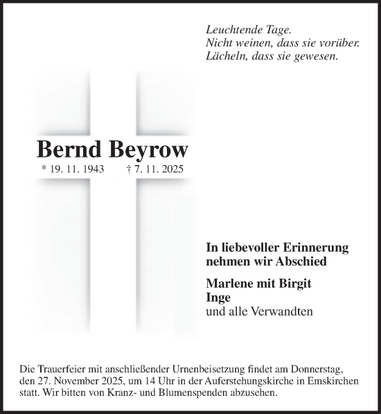 Traueranzeige von Bernd Beyrow von Neustadt/ Scheinfeld/ Uffenheim
