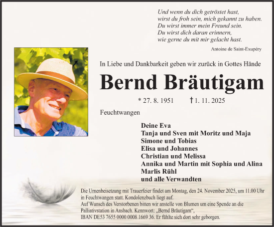 Traueranzeige von Bernd Bräutigam von Dinkelsbühl/ Feuchtwangen