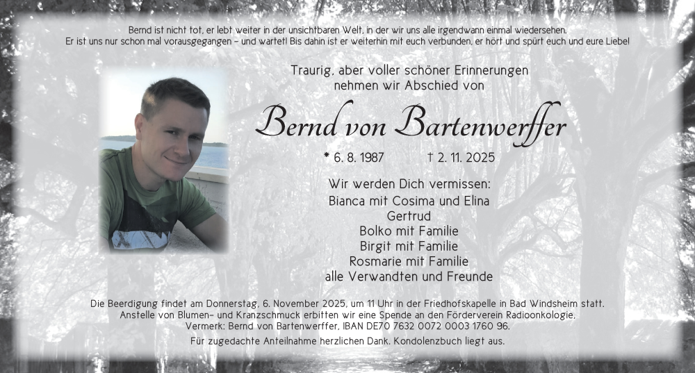  Traueranzeige für Bernd von Bartenwerffer vom 05.11.2025 aus Neustadt/ Scheinfeld/ Uffenheim
