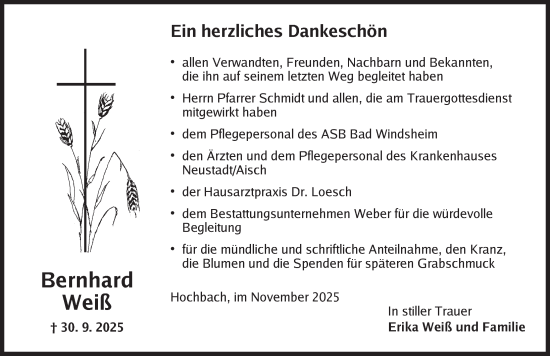 Traueranzeige von Bernhard Weiß von Neustadt/ Scheinfeld/ Uffenheim