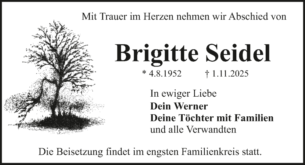  Traueranzeige für Brigitte Seidel vom 04.11.2025 aus Neustadt/ Scheinfeld/ Uffenheim