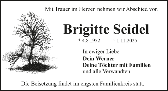 Traueranzeige von Brigitte Seidel von Neustadt/ Scheinfeld/ Uffenheim