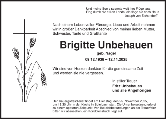 Traueranzeige von Brigitte Unbehauen von Rothenburg