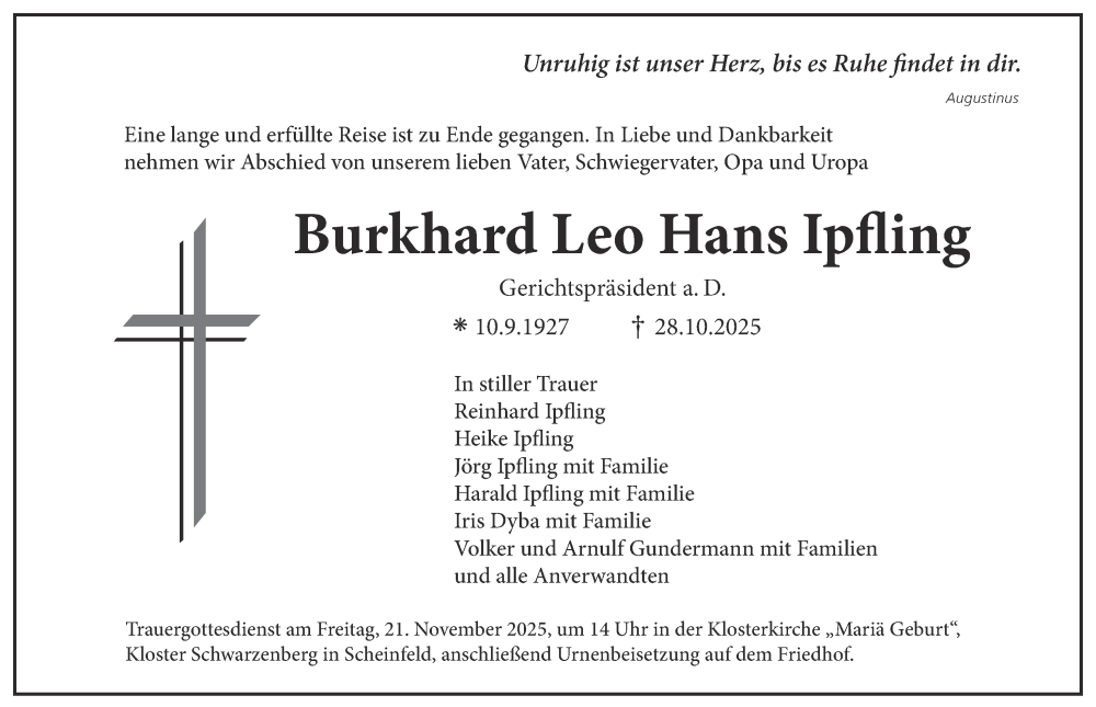  Traueranzeige für Burkhard Leo Hans Ipfling vom 15.11.2025 aus Neustadt/ Scheinfeld/ Uffenheim