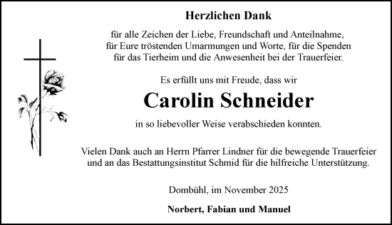 Traueranzeige von Carolin Schneider von Rothenburg