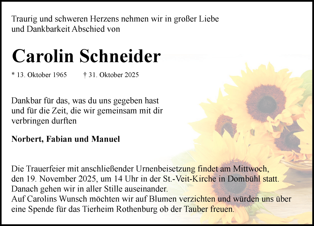  Traueranzeige für Carolin Schneider vom 15.11.2025 aus Rothenburg