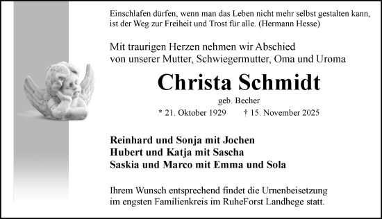 Traueranzeige von Christa Schmidt von Rothenburg