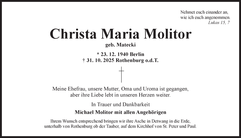  Traueranzeige für Christa Maria Molitor vom 15.11.2025 aus Rothenburg