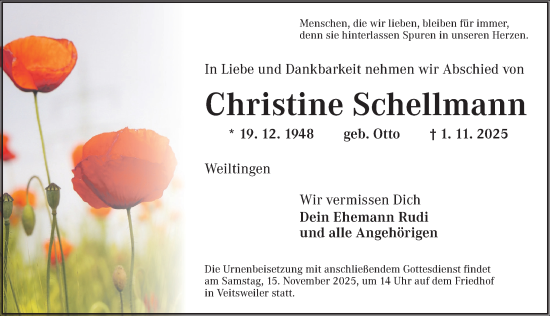 Traueranzeige von Christine Schellmann von Dinkelsbühl/ Feuchtwangen