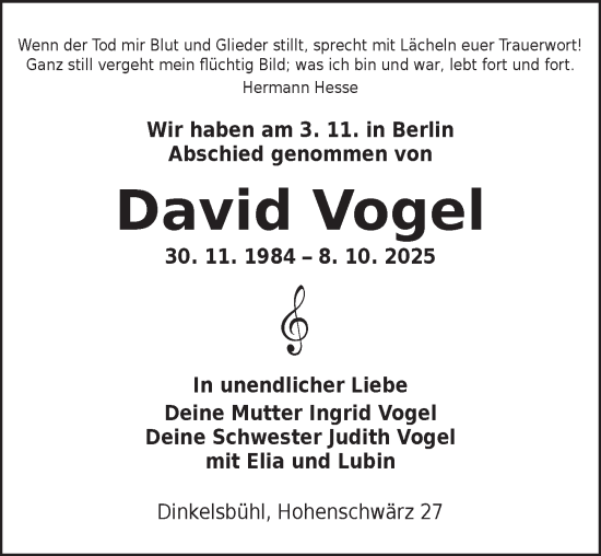 Traueranzeige von David Vogel von Dinkelsbühl/ Feuchtwangen
