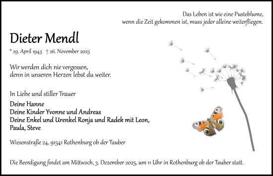 Traueranzeige von Dieter Mendl von Rothenburg