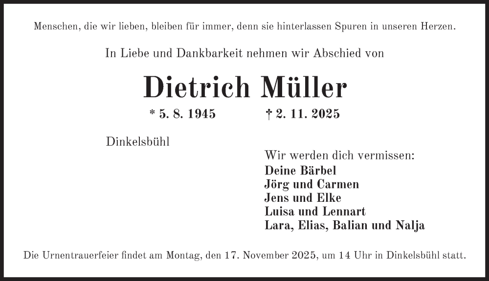  Traueranzeige für Dietrich Müller vom 15.11.2025 aus Dinkelsbühl/ Feuchtwangen