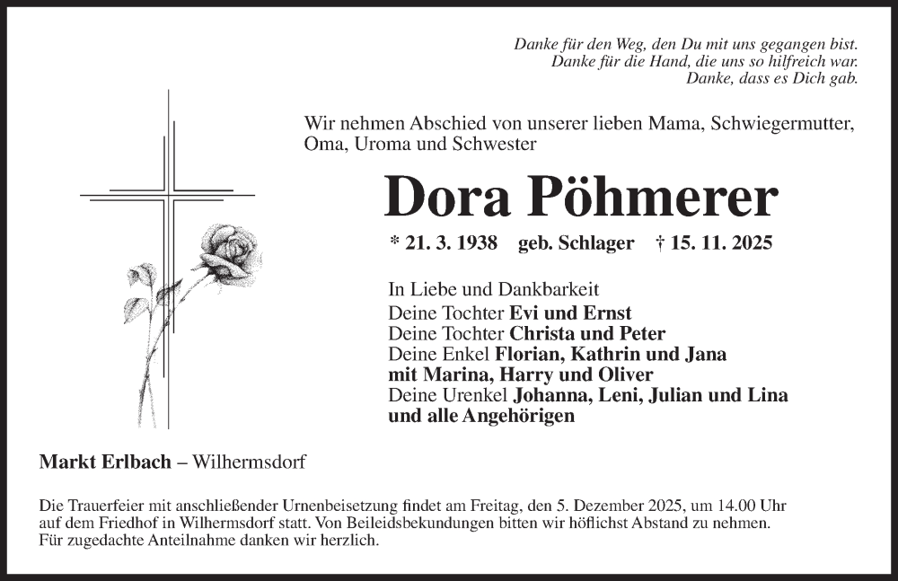  Traueranzeige für Dora Pöhmerer vom 29.11.2025 aus Neustadt/ Scheinfeld/ Uffenheim